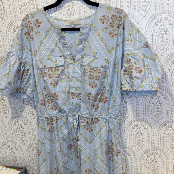 LOFT Blue Floral Midi Dress Puff Sleeves Drawstring Waist Size XL Ann Taylor - Picture 8 of 8